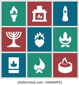 Flame icons set. set of 9 flame filled icons such as heart in fire, candle, fireplace, fire protection, torch, menorah, rocket