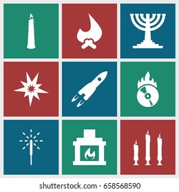 Flame icons set. set of 9 flame filled icons such as cd fire, sparkler, candle, fireplace, menorah, rocket, explode