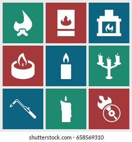 Flame icons set. set of 9 flame filled icons such as blowtorch, disc flame, candle, fireplace, candlestick, fire protection