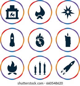 Flame icons set. set of 9 flame filled icons such as cd fire, candle, fireplace, bonfire, rocket