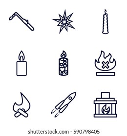 flame icons set. Set of 9 flame outline icons such as blowtorch, no fire, candle, fireplace, rocket, explode