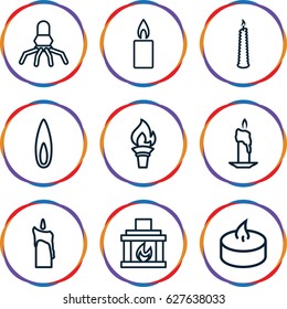 Flame icons set. set of 9 flame outline icons such as candle, fireplace, flame, torch