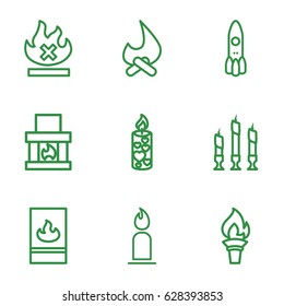 Flame icons set. set of 9 flame outline icons such as candle, no fire, fire protection, torch, rocket, fireplace