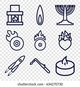 Flame icons set. set of 9 flame outline icons such as blowtorch, heart in fire, cd fire, candle, menorah, rocket