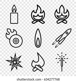 Flame icons set. set of 9 flame outline icons such as sparkler, candle, bonfire, rocket