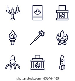 Flame icons set. set of 9 flame outline icons such as sparklers, fireplace, candlestick, fire protection, torch, rocket