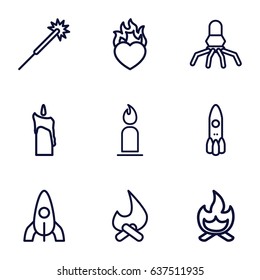 Flame icons set. set of 9 flame outline icons such as rocket, candle, sparklers, heart in fire