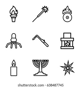 Flame icons set. set of 9 flame outline icons such as sparklers, blowtorch, cd fire, candle, menorah, torch, rocket, explode