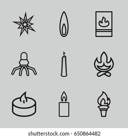 Flame icons set. set of 9 flame outline icons such as candle, fire protection, flame, torch, rocket, explode
