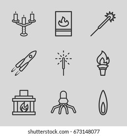 Flame icons set. set of 9 flame outline icons such as sparklers, sparkler, fireplace, candlestick, fire protection, flame, torch