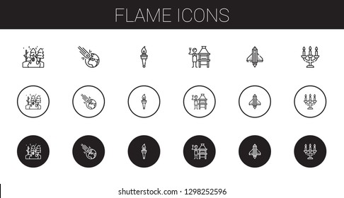 flame icons set. Collection of flame with fire, asteroid, torch, brick grill, startup, candelabra. Editable and scalable flame icons.