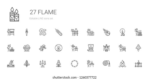 flame icons set. Collection of flame with hose, burner, asteroid, startup, candelabra, fire, oil lamp, billiard, bbq, bbq grill, brick grill. Editable and scalable flame icons.