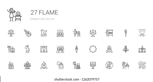 flame icons set. Collection of flame with startup, candelabra, churrasco, lighter, bonfire, hydrant, candles, rocket, asteroid, torch, fire. Editable and scalable flame icons.
