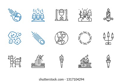 flame icons set. Collection of flame with torch, fire, grill, candelabra, asteroid, startup, asteroids, candle, bonfire. Editable and scalable flame icons.