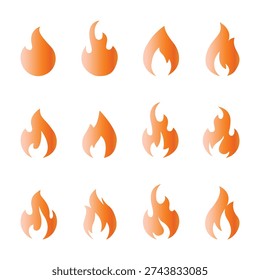 Flame icons set, fire shapes collection, burning energy silhouettes, abstract heat symbols, blazing hazard signs, creative spark vector illustration artwork.