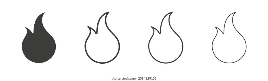 Flame icons set. Liner outlined and flat black color