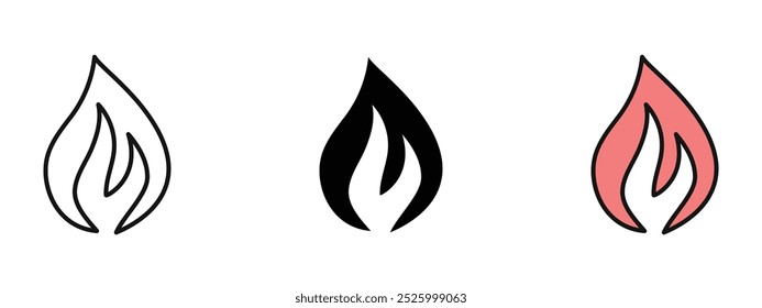 Flame icons set silhouette and editable colored in unexpanded vector form, three flame icon in outline style, silhouette and in editable redish color