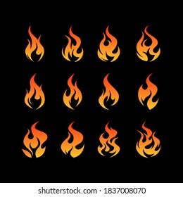 Flame icons set. Simple vector illustration in flat style on a black background. Fire animation concept.