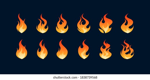 Flame icons set. Simple vector illustration in flat style on a black background. Fire animation concept.