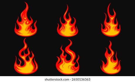 Flame Icons Set. Vector Fire Collection on Black Background