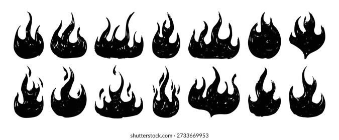 flame icons, textured brush doodle fire flame icon set. flame graphics, rough chalk texture icons for hazard and safety signage. Vector illustration