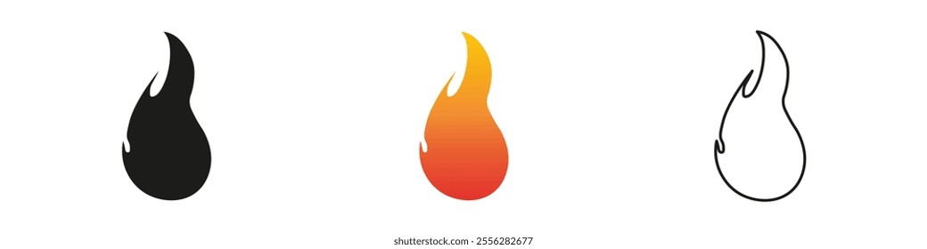 Flame icons in various colors on a simple background. Fire icon vector set. Flame icon collection. Fire flame symbol. Black, gradient, line set