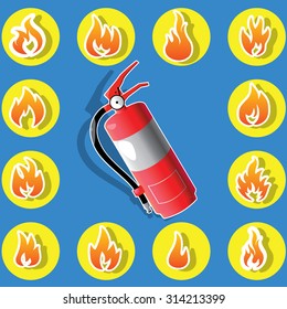 flame icons in yellow circle around Fire safety . In vector style.