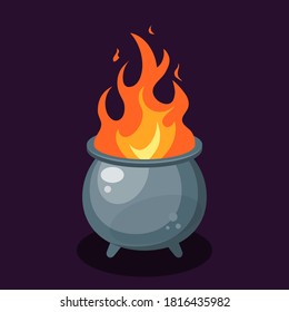 Flame inside a cauldron set. Simple vector illustration in flat style on a violet background.