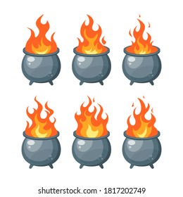 Flame inside a cauldron set. Simple vector illustration in flat style isolated on a white background.