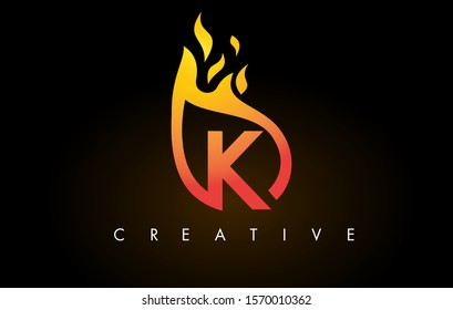 Flame K Letter Logo Design Icon with Orange Yellow Colors and Flames  Vector Illustration.