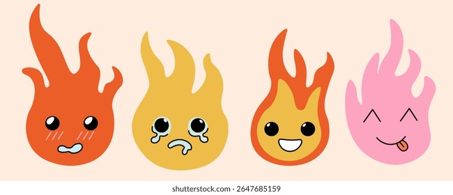 flame kawaii caracteres definidos no estilo doodle em vetor. Elemento para anúncio de design postagens de correio cartaz imprimir cartaz banner