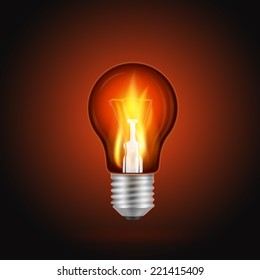  Flame in light bulb on a dark background. Realistic vector illustration.