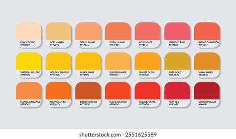 Flame Lily Flower Color Palette, Flame Lily Flower Color Guide Palette with Color Names. Catalog Samples of Flame Lily colors with RGB HEX codes. cladding sheet tones. Fashion Trend red color tones