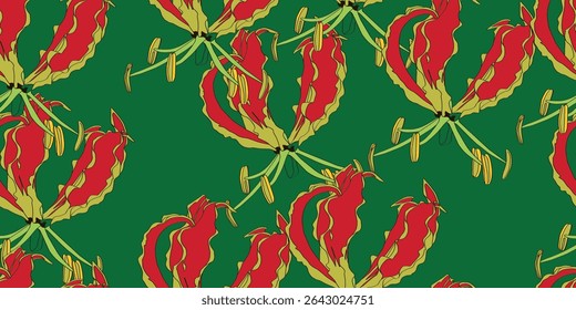 Lírio de chama ou lírio de glória, caule com flor vermelha tropical, broto e folha isolados em fundo verde. Flor nacional do Zimbábue.