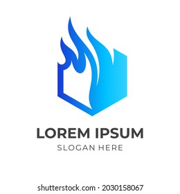 flame logo design with flat blue color style