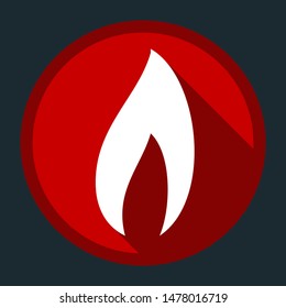 Flame logo, fire icon. White icon with shadow on round red button at dark cyan background. Illustration.