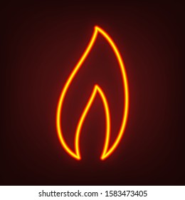 Flame logo, fire icon. Yellow, orange, red neon icon at dark reddish background. Illumination. Illustration.