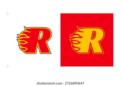 Flammenlogo des Buchstabens R, der den feurigen Geist und die Wettbewerbsfähigkeit repräsentiert. Einzeln auf weißem Hintergrund.