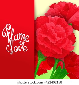 Flame of love. Bright card with background of carnation flowers. 