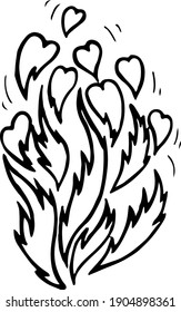 the flame of love hand drawn in a vector with the image of hearts and a bonfire