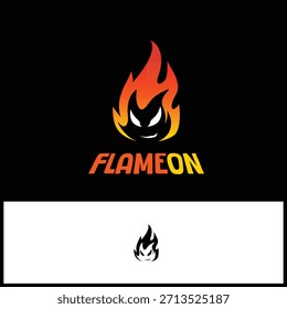 Flame Mascot Logo with Fire Character Icon on Black Background.