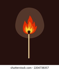 Llama desde una coincidencia en un fondo oscuro. El fuego de una partida en llamas, ilustración vectorial.