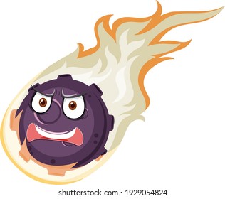 Flame meteor cartoon character with angry face expression on white background illustration