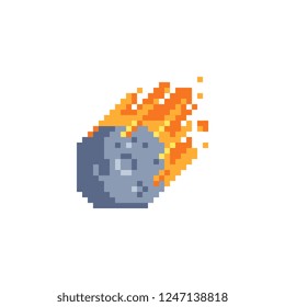 Flame meteorite pixel art icon. Meteor rain fall on planet. Cataclysm color icon. Comet vector illustration isolated on white background. Design for web site, app, sticker.
