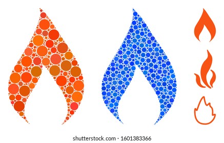 Flame mosaic of filled circles in different sizes and color tones, based on flame icon. Vector filled circles are composed into blue mosaic. Dotted flame icon in usual and blue versions.