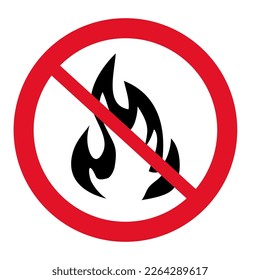 Flame not allowed red circle symbol, sign isolated on white background.