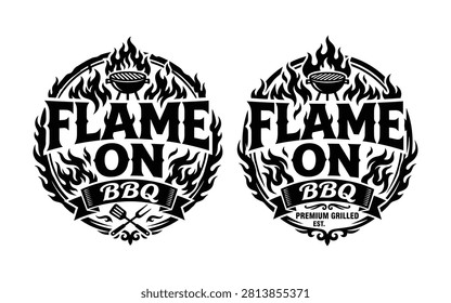 Flame on bbq logo design featuring grill fire and cooking tools in a vintage badge style