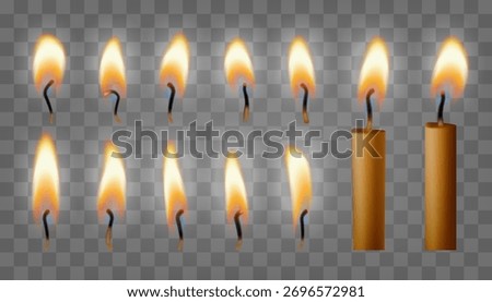 Flame on match, Bday cake glowing candle set. Light memory candle fire, small 3d transparent isolated candlelight. Birthday wedding blow out heat shape. Shining diwali hanukkah decor, church lighter