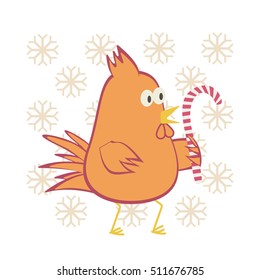 Flame orange rooster with candy. Vector illustration.