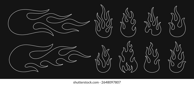 Flame outline vector set on black background, retro 90s hot rod fire tattoo style, old school graphic element design, fire aesthetic line art icon collection
